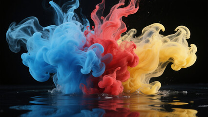 검은색 배경 위에 물속에서 소용돌이치며 어우러지는 다채로운 잉크 구름을 담은 고해상도의 초현실적인 사진(High resolution surreal photo of colorful ink clouds swirling and blending together in water on a black background)