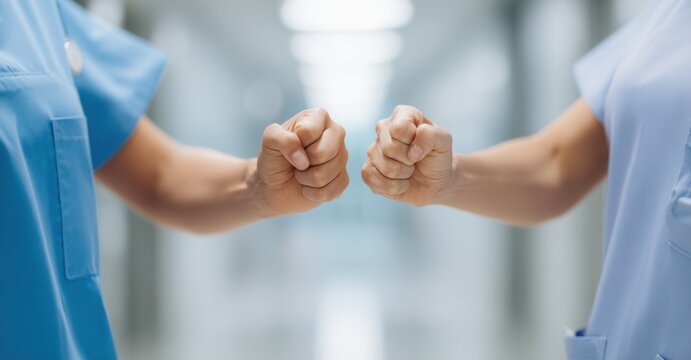 Healthcare workers bump fists in a show of solidarity, their scrubs crisp and clean against the blurred backdrop of a hospital hallway.
