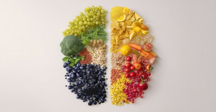 Visually appealing healthy food portions. Represents nutritious components for balanced diets in eye-catching layout. Fruit and vegetables galore!