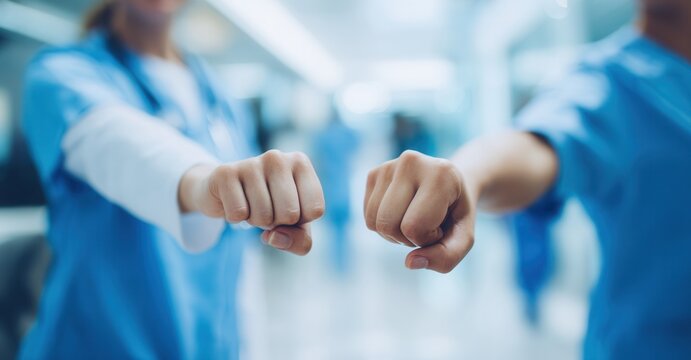 Two doctors perform a fist bump in the corridor. Healthcare providers share a moment of connection and mutual support in the hospital setting.