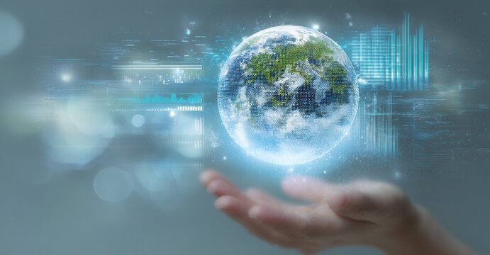 Digital Earth in Hand: A symbolic representation of global data and technology with a hand holding a luminous, digital Earth.