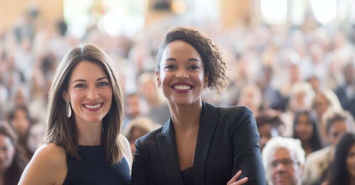 Confident women lead seminar, delivering insights with poise. Focused scene, a blend of expertise and engagement at meeting or convention.