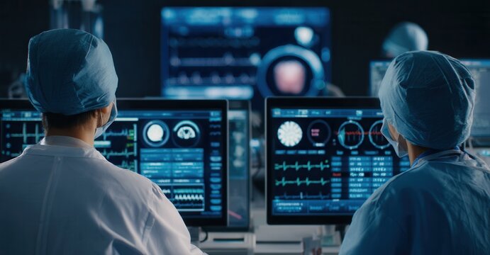 Healthcare professionals monitoring patient data on multiple screens, ensuring thorough evaluation and care in a medical setting.