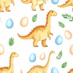 Naklejka premium watercolor seamless pattern with dinosaurs and eggs