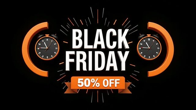 Announcing a Black Friday Sale with fifty percent off discounts using animated clocks and a burst effect against a dark background.