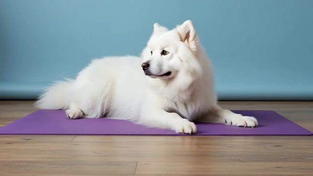 White Samoyed dog lying on purple yoga mat indoors against blue wall  