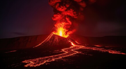 A volcanic eruption with lava flowing down the mountain. Dark smoke billows into the night sky, illuminated by the bright orange glow of molten rock.