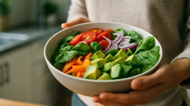 Hands holding a fresh and healthy salad bowl 