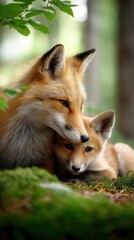 Fototapeta premium Red fox mother cuddling her baby fox in a green forest