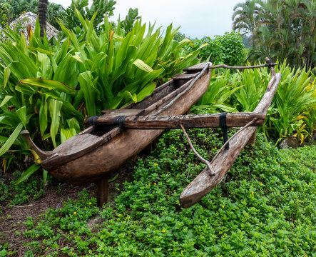 Ancient wooden outrigger canoe on the island of Rarotonga, Cook Islands, South Pacific