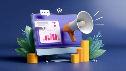 Screen with graphs, chat icons, and a marketing megaphone, highlighting performance analytics, where marketing connects data and creative appeal - Powered by Adobe