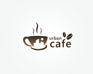 urban coffee, coffee city logo, shadow of city buildings on a coffee cup, logo design inspiration