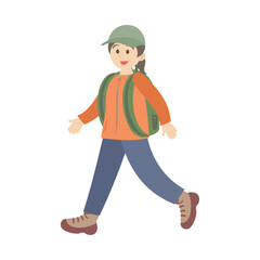 リュックサックを背負って歩く中年女性。フラットなベクターイラスト。
Middle-aged woman walking with a backpack. Flat vector illustration.