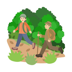 低山登山。フラットなベクターイラスト。
Trekking at foothills. Flat vector illustration.