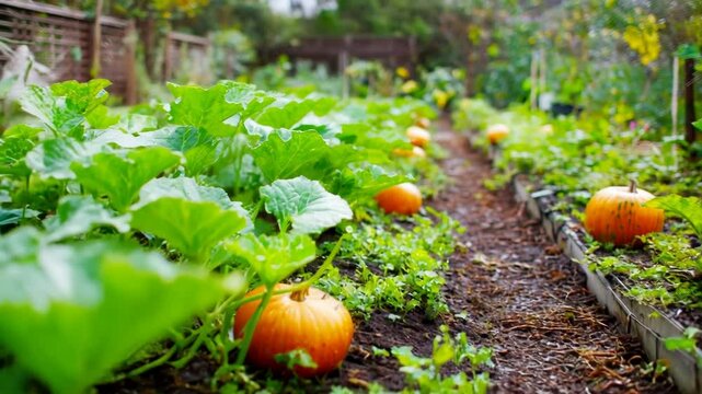 Rows of green beds are dotted with orange pumpkins, juicy leaves and moist soil convey the beauty of sustainable agriculture.