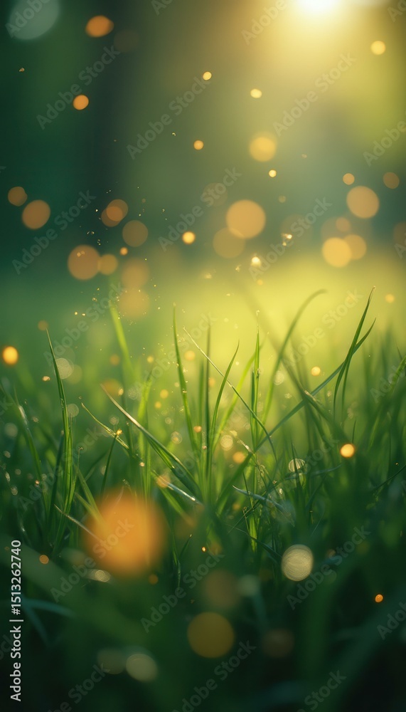 Poster serene green grassland bathed in golden sunlight with sparkling dew and bokeh