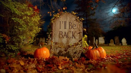Inscription “I'll Be Back” is carved on the tombstone among pumpkins and dried leaves, the evening light creates an ironic accent between the frightening cemetery and the humorous message