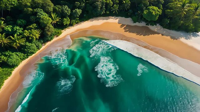 Aerial view of tropical beach with lush green forest, golden sand, and turquoise ocean waves gently crashing along curved shoreline

