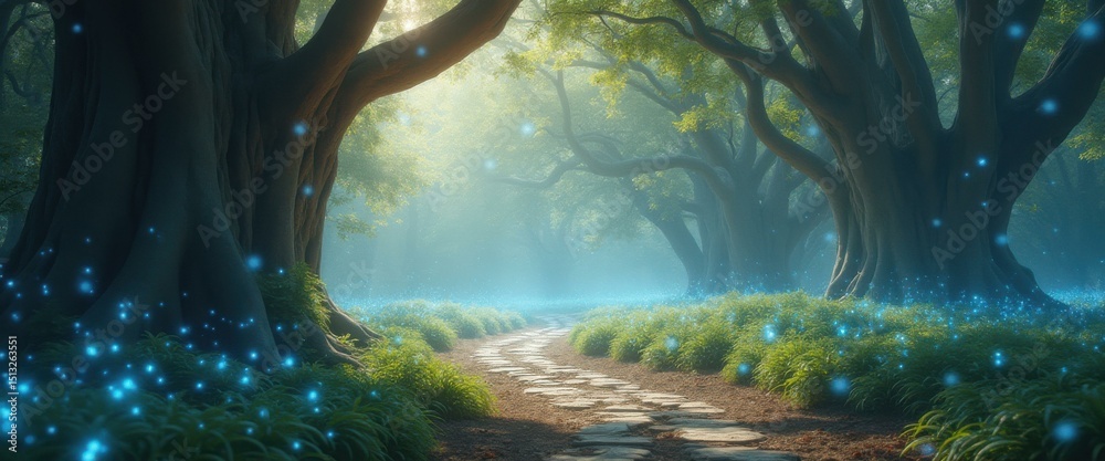 Poster Enchanted forest path with glowing orbs amidst ancient trees and lush greenery creating a whimsical atmosphere