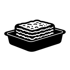 Minimalist black silhouette of moussaka layers in a baking dish on white background
