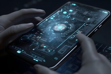 AI hand holding a smartphone, interacting with apps, realistic textures, futuristic meets everyday life
