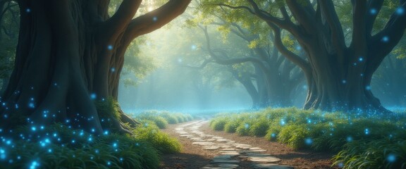 Enchanted forest path with glowing orbs amidst ancient trees and lush greenery creating a whimsical atmosphere