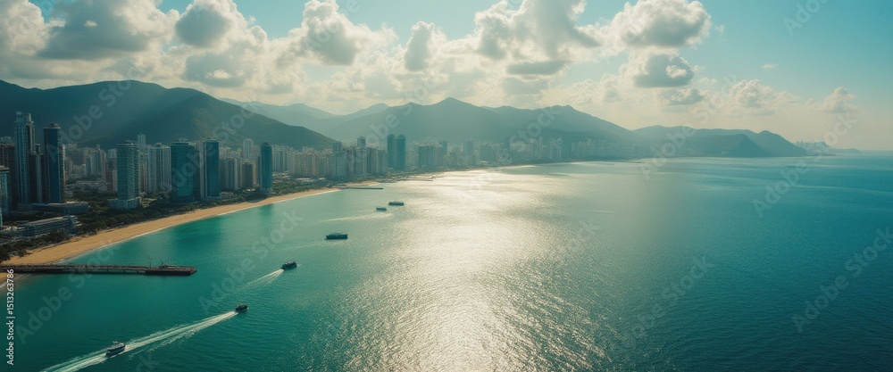 Poster coastal cityscape with turquoise waters and mountain backdrop: aerial view of modern architecture an