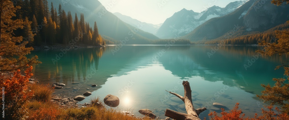 Aufkleber serene lake reflecting forested mountains under soft sunlight, surrounded by autumn trees and a fall