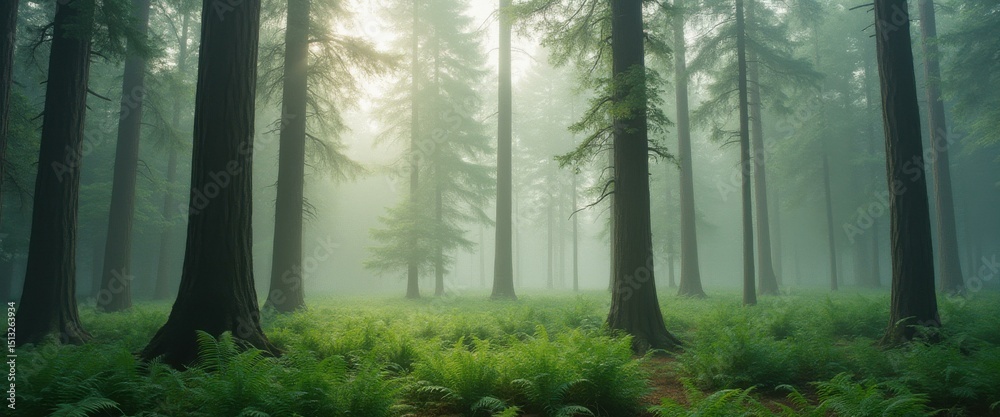 Poster misty forest landscape with tall trees, lush green ferns, and soft light filtering through the fog, 