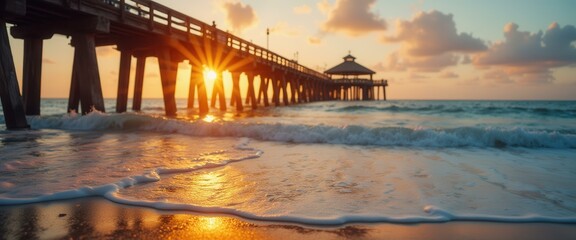 Obraz premium Sunset Seascape with Wooden Pier Extending Over Water at Tranquil Coastline, Creating Striking Silhouette