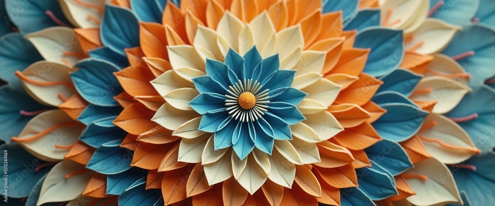 Poster abstract layered flower with blue, orange and cream colored petals creating a symmetrical circular p