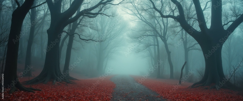 Aufkleber enigmatic forest path enveloped in dense fog, lined with imposing trees and a carpet of vivid red le
