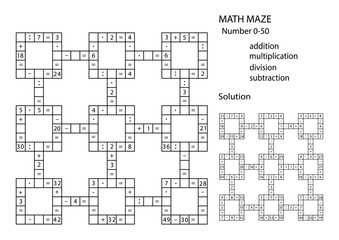 Math Maze for smart kids. Medium. Mixed Addition., subtraction, multiplication and division 0-50 for preschool children. Kindergarten and primary school. Math Labyrinth	