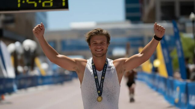 Inspiring marathon finish line scene featuring a triumphant runner and encouraging volunteers.