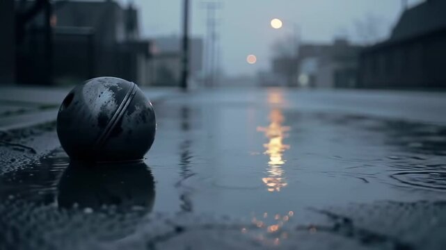 Rain-soaked bowling ball resting on wet pavement in foggy evening  