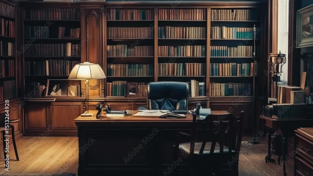 Poster Study desk with a lamp and bookshelves in a library setting