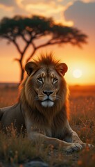 Obraz premium Majestic Lion Portrait at Golden Sunset: Wildlife Art with Striking Detail and Warm Light