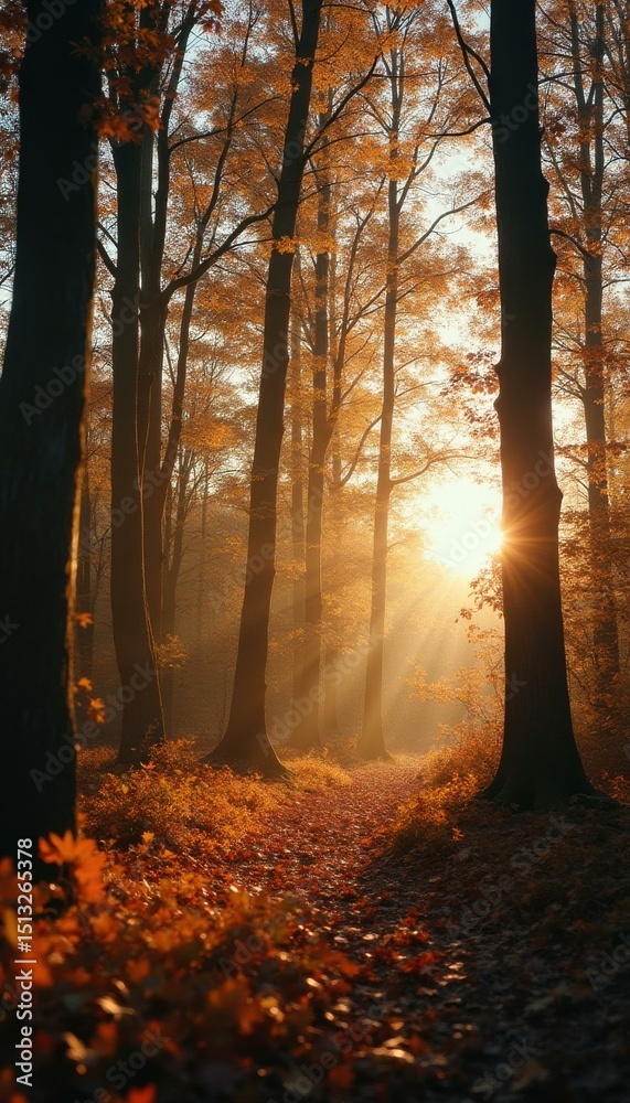 Aufkleber golden sunlight illuminating a path through an autumnal forest with trees and fallen leaves.