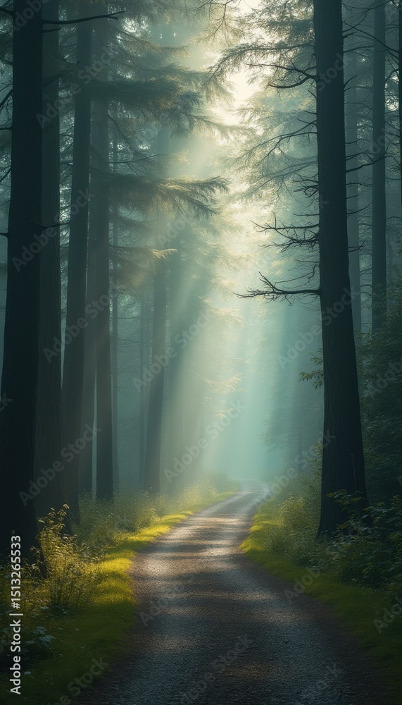 Poster Serene Forest Path: Sunlight Filtering Through Towering Trees, Creating a Mystical, Tranquil Escape into Nature