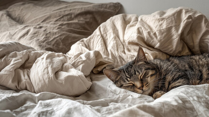 A cat is sleeping on a bed with white sheets