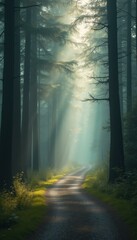 Naklejka premium Serene Forest Path: Sunlight Filtering Through Towering Trees, Creating a Mystical, Tranquil Escape into Nature