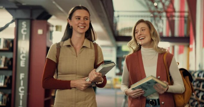 Girl, friends and laugh with books at college, library and happy with funny story, chat or gossip. Women, university student and conversation with comic joke, education and learning for scholarship