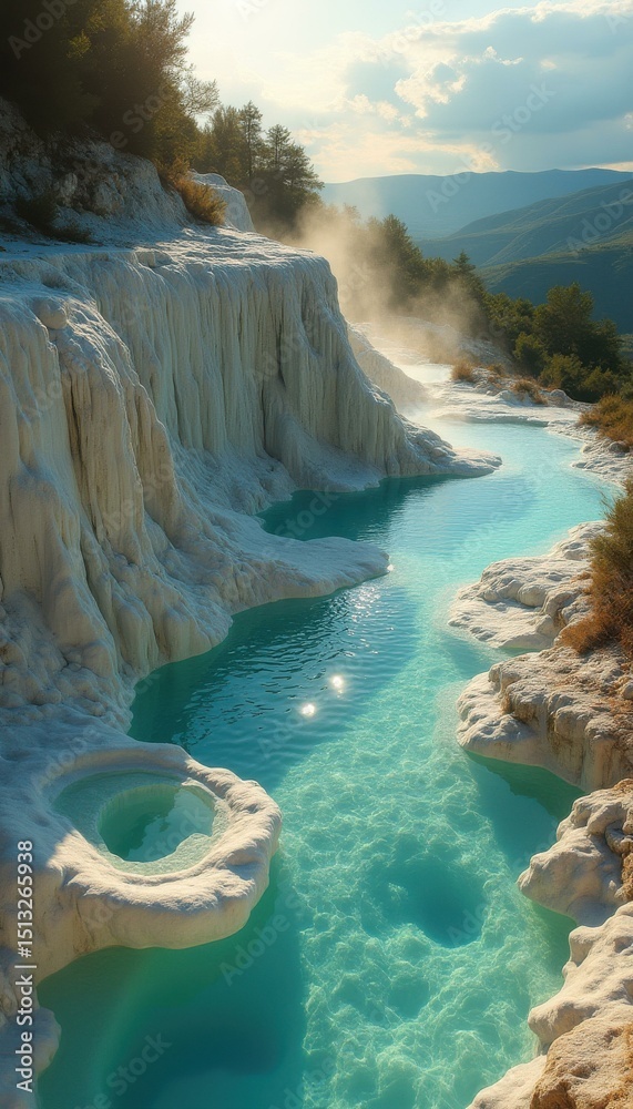 Poster Azure waters flow through travertine formations, creating a serene landscape with cascading cliffs and mineral-rich terraces under