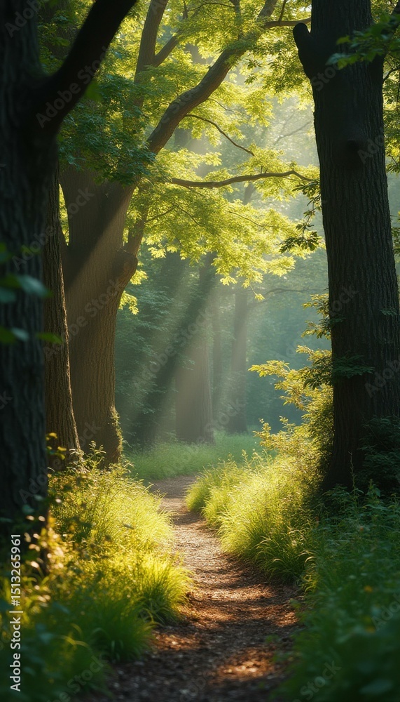 Poster sunlight pierces through forest canopy, illuminating a leaf-strewn path with lush foliage