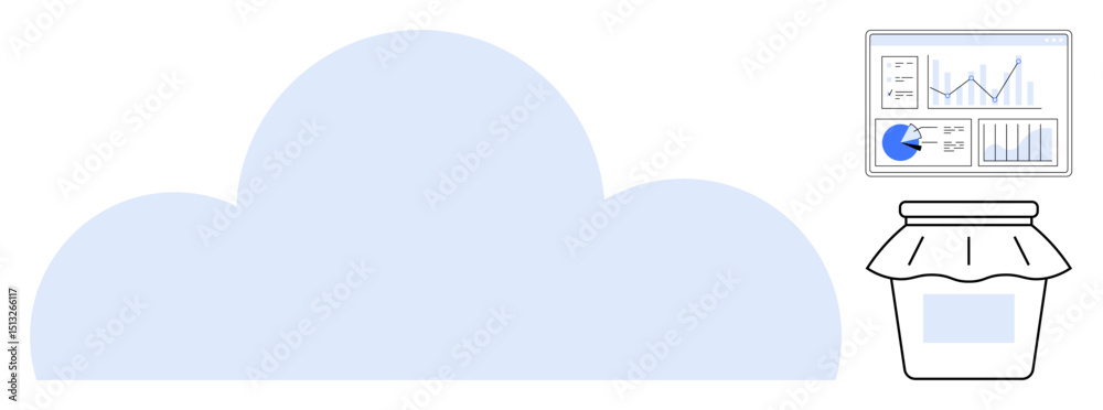 Poster cloud with dashboard showing data analytics charts alongside a jar as a metaphor for storage. ideal 