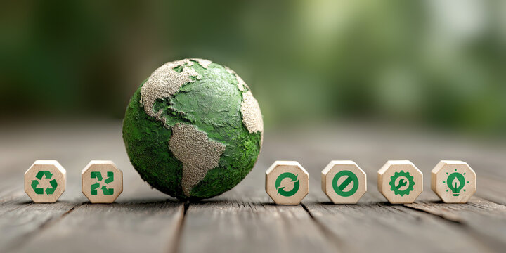 Green planet Earth globe with 5r icons, recycle, reuse, reduce, refuse, repair, circular economy zero waste concept