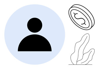 User profile silhouette inside circle, floating outlined dollar coin, abstract wavy plant composition. Ideal for finance, membership, authentication, investment, simplicity, app interface simple