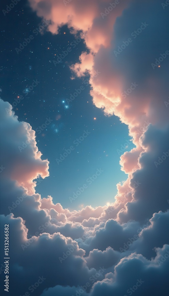 Poster a serene celestial escape: soft clouds frame a luminous blue sky adorned with a scattering of starli