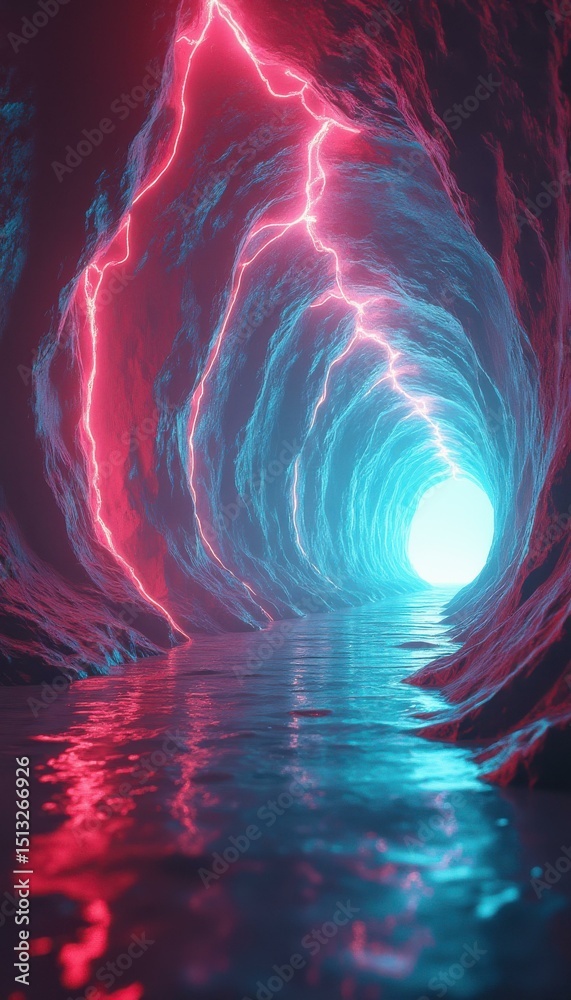 Poster surreal cave with neon lights and water reflecting red and blue hues, creating a mysterious and vibr