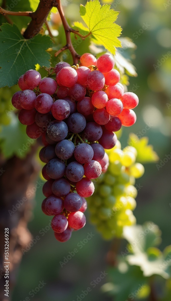 Poster A Vibrant Cluster of Wine Grapes on the Vine, Displaying a Gradient of Colors in a Vineyard Setting